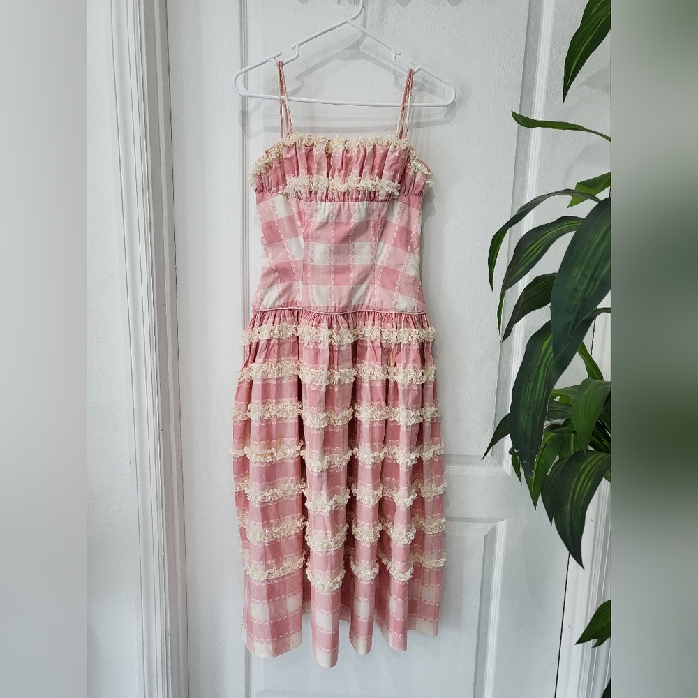 Lou-Ette Pink Gingham Swing Dress with Lace Trim Accents